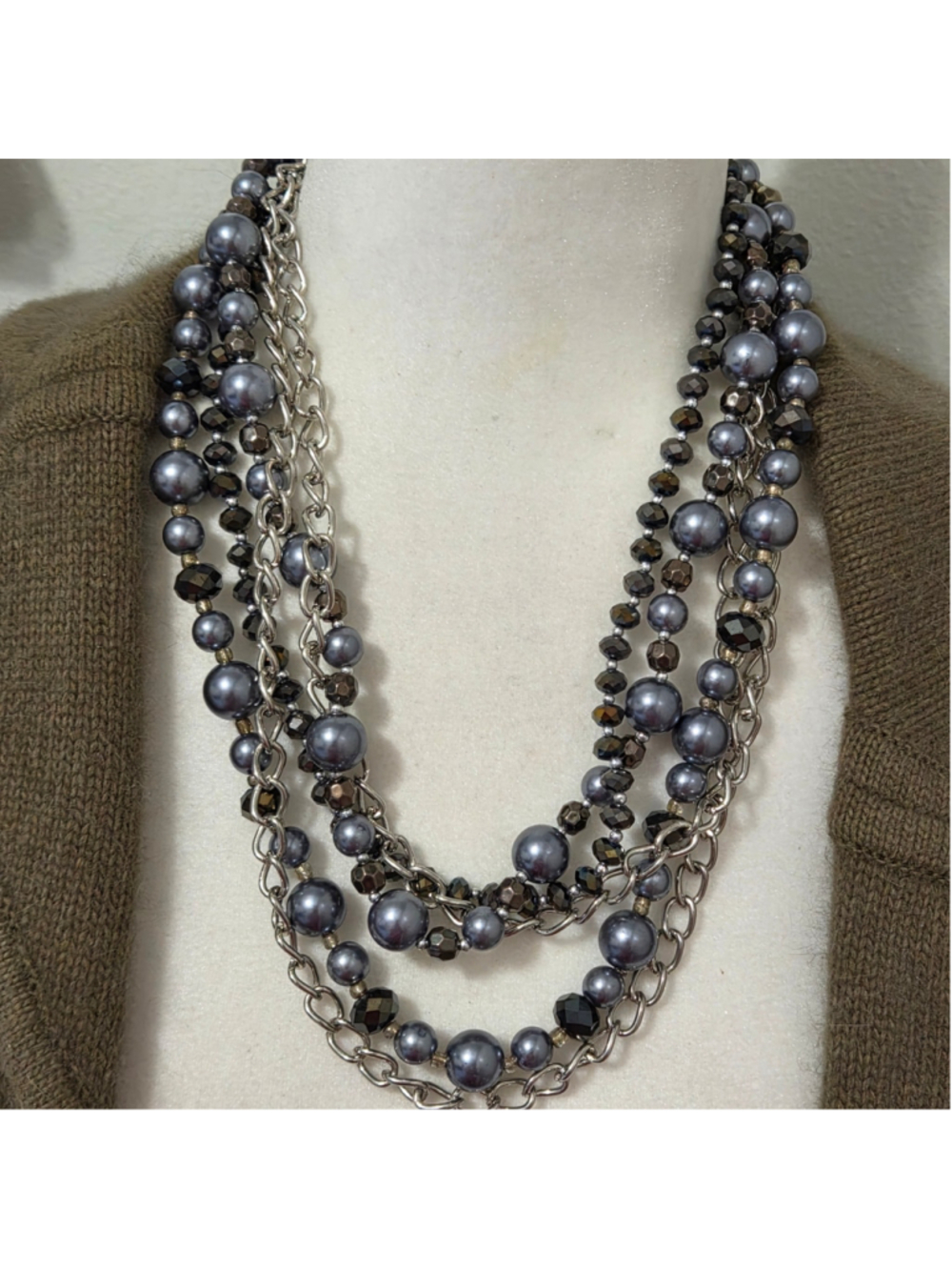 Women's Unbranded Multi-Strand Pearl and Chain Necklace One Size Grey Silver